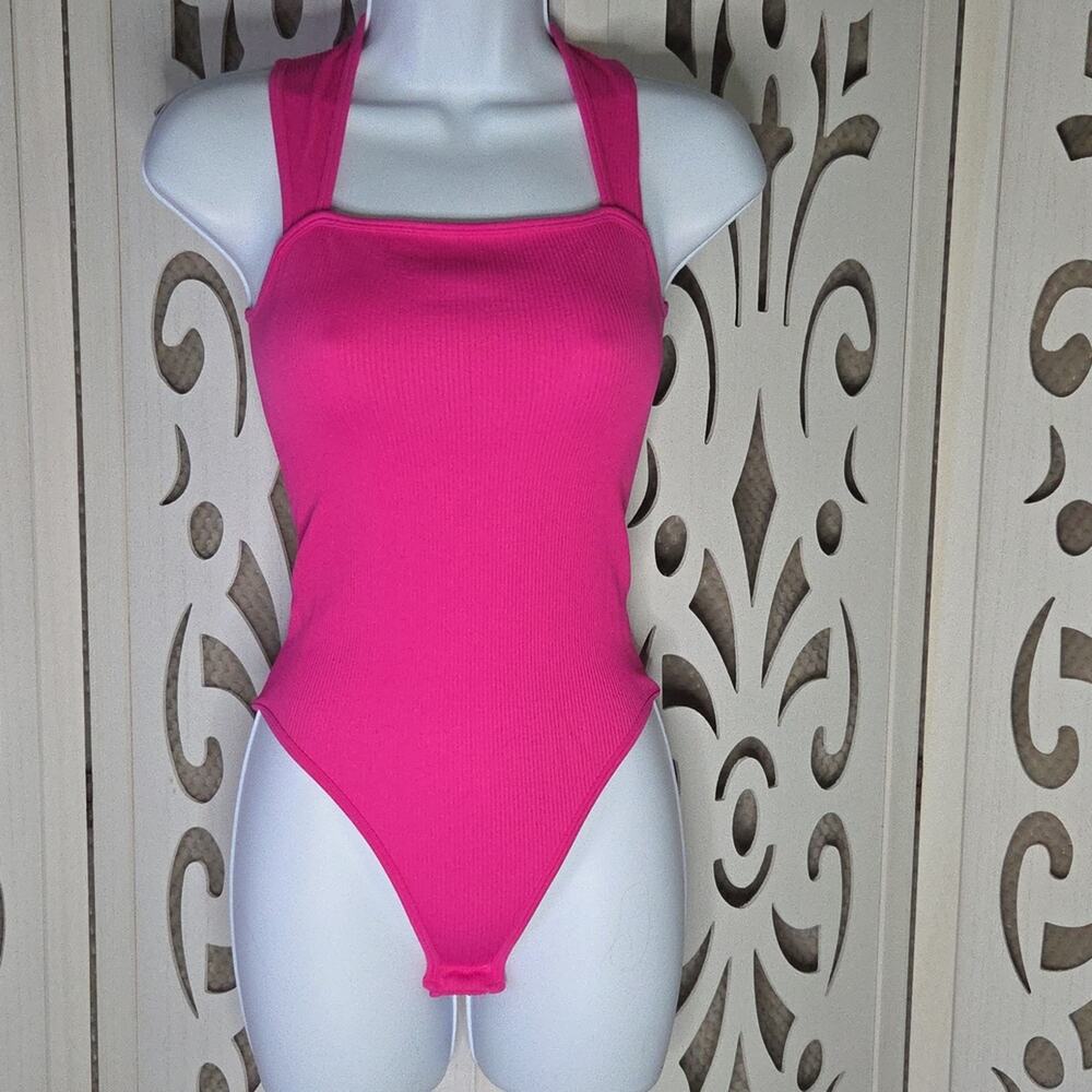 OQQ Hot Pink Ribbed Racerback Thong Bodysuit Womens Small NWOT